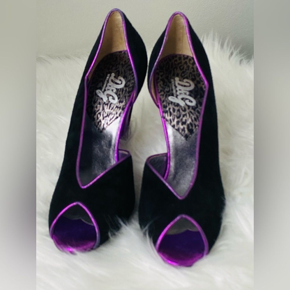 Dolce & Gabbana Black Suede Peep-Toe Pumps with Purple Metallic Leather Trim